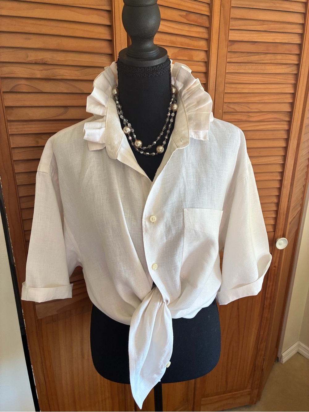 Jos. A. Bank Cream Ruffle Collar Button-Front Blouse